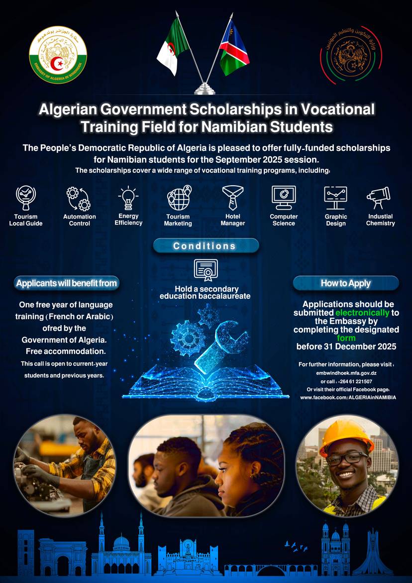 Scholarships in Vocational Training field for Namibians for the September  2026 session.